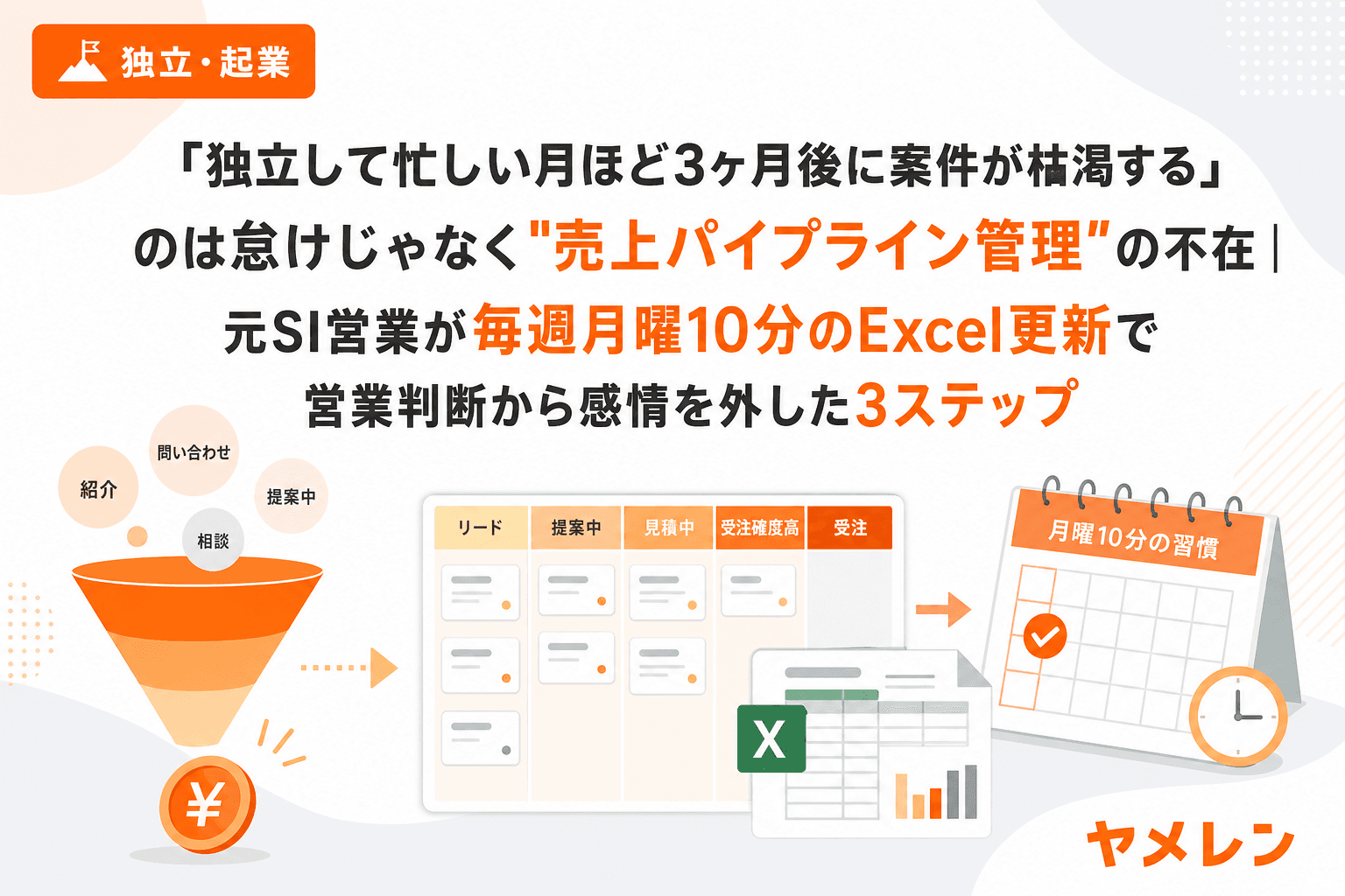 「独立して忙しい月ほど3ヶ月後に案件が枯渇する」のは怠けじゃなく"売上パイプライン管理"の不在|元SI営業が毎週月曜10分のExcel更新で営業判断から感情を外した3ステップ