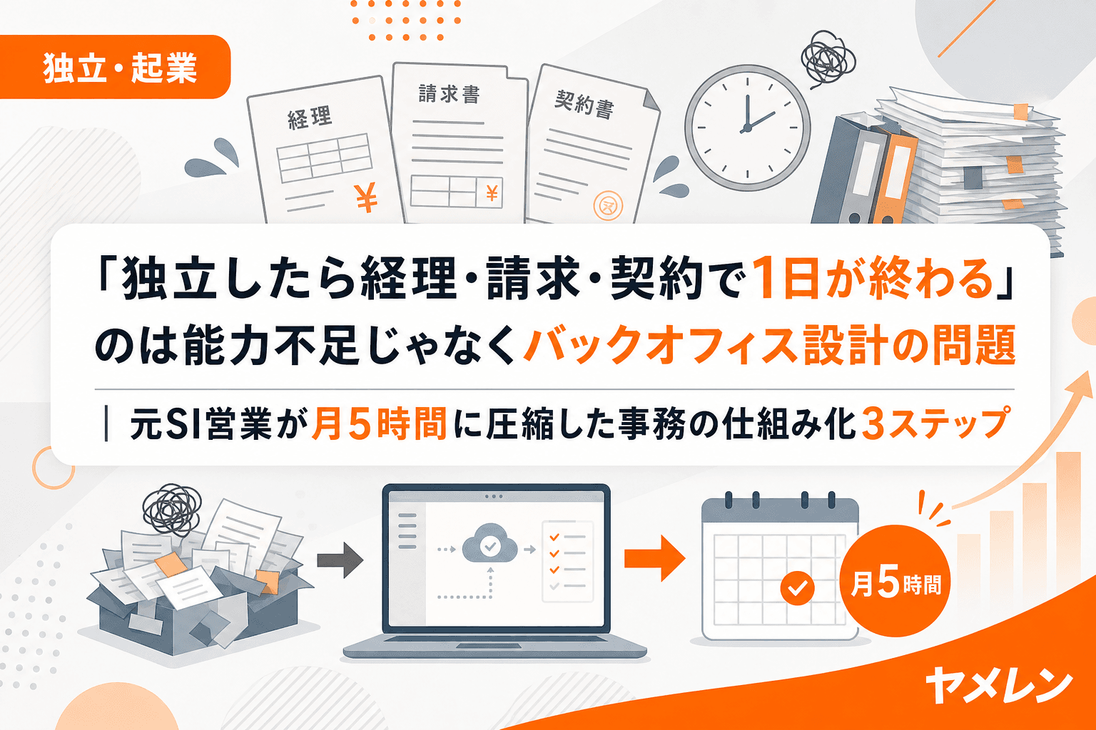 「独立したら経理・請求・契約で1日が終わる」のは能力不足じゃなくバックオフィス設計の問題|元SI営業が月5時間に圧縮した事務の仕組み化3ステップ