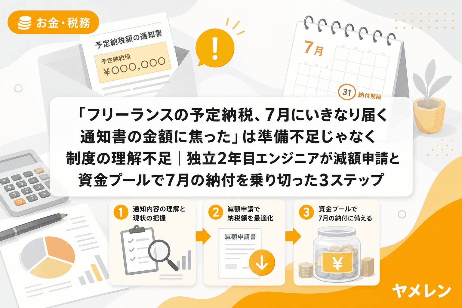 「フリーランスの予定納税、7月にいきなり届く通知書の金額に焦った」は準備不足じゃなく制度の理解不足|独立2年目エンジニアが減額申請と資金プールで7月の納付を乗り切った3ステップ