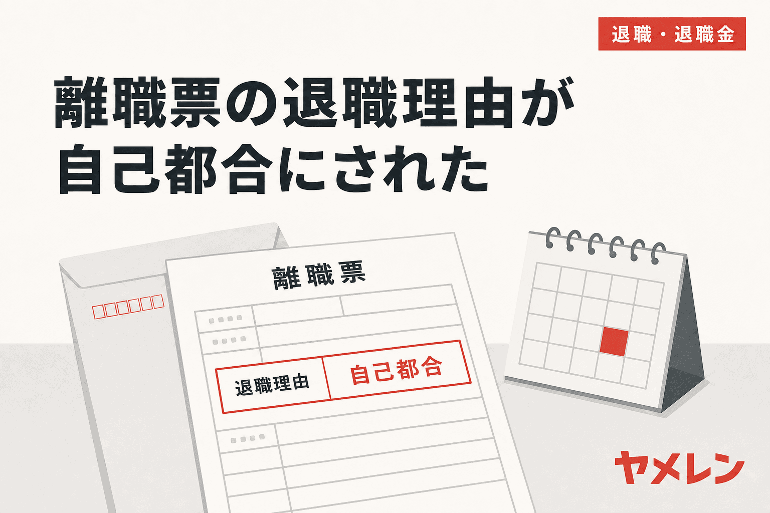 退職理由の欄に「自己都合」と記入された離職票と封筒のイラスト